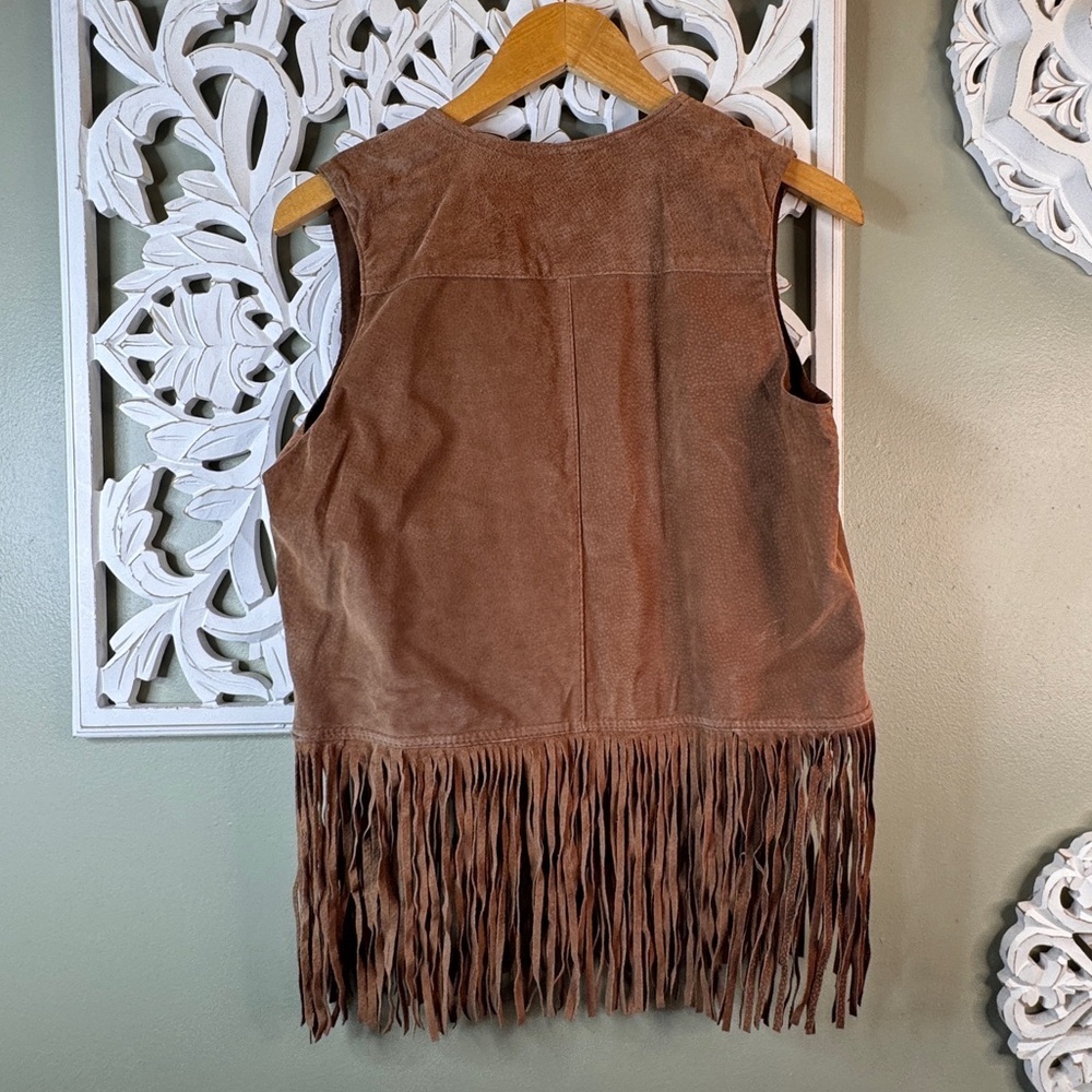 Vintage DM Sportswear Leather Fringe Vest Small Union Made in Canada Brown - Picture 7 of 8